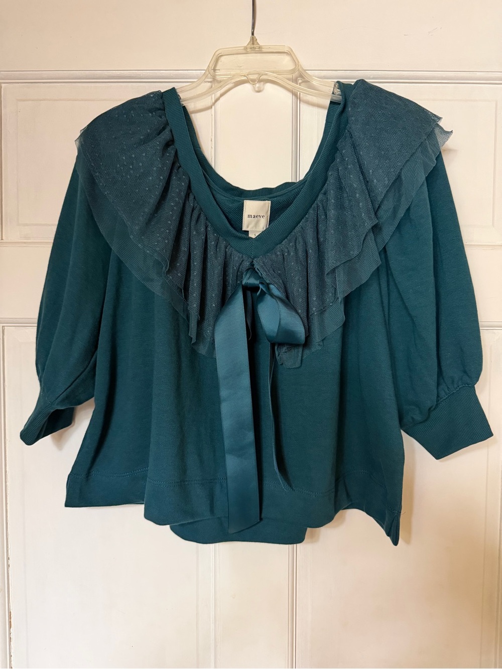 Maeve Anthropologie Teal Ruffle cropped oversized pullover top - small
